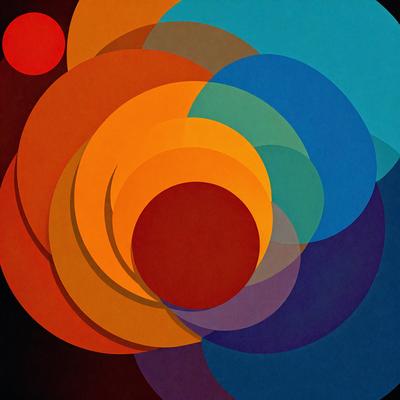 The primary subject of the image is a colorful circle, which is the main object, scene, or focus of the image. The circle is surrounded by other circles, creating a visually appealing pattern. The setting or background of the image is a black surface, which contrasts with the vibrant colors of the circles. The visual style of the image is a combination of digital art and illustration, as it features a unique and creative design. The dominant colors in the image are orange, blue, and purple, which contribute